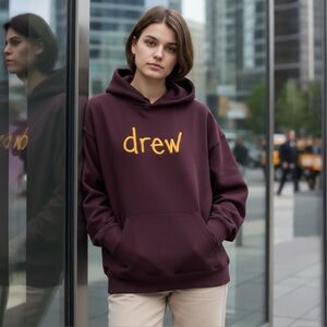 DREW HOUSE JUSTIN BIEBER BURGUNDY YELLOW EMBROIDERED LOGO HOODIE TOP XS …